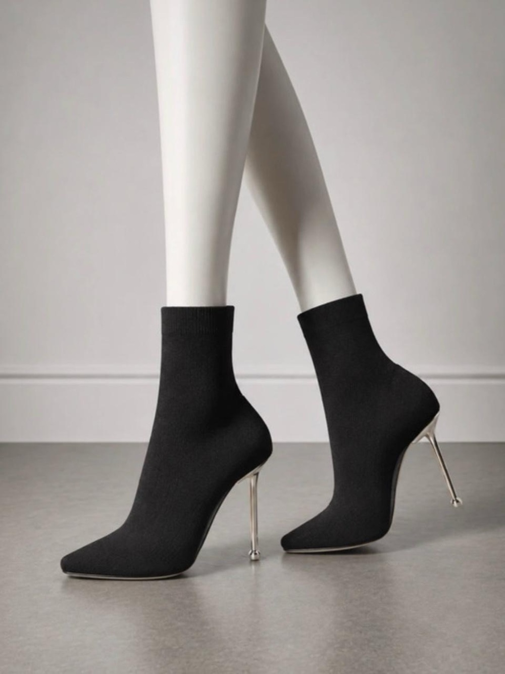Macy's Black Sock Ankle Boots with Silver Stiletto Heel